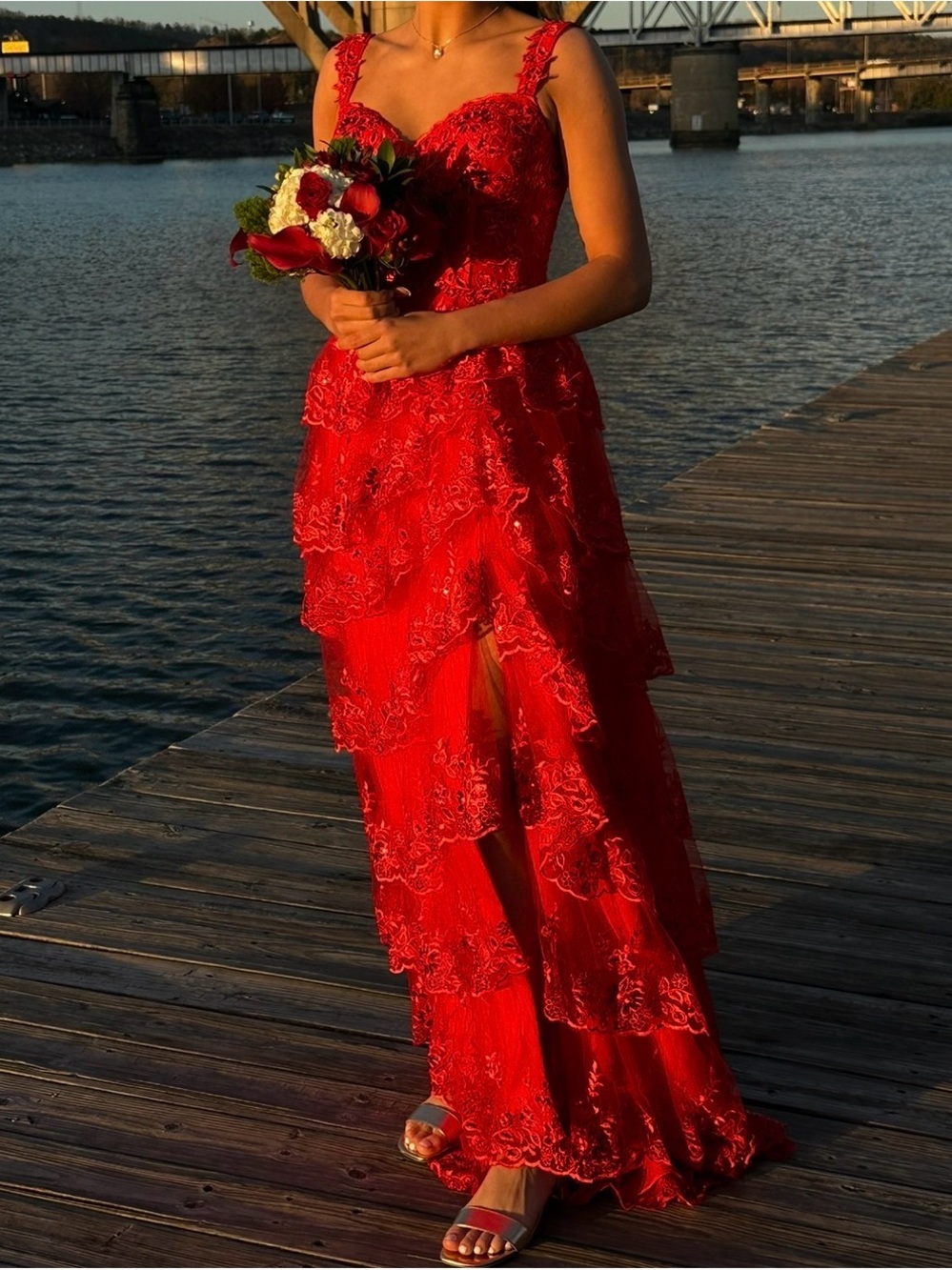 Red Lace Tiered Prom Dress with Scalloped Straps